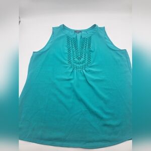Market & Spruce Womens Green Sleeveless Embroidered Notch V-Neck‎ Top L